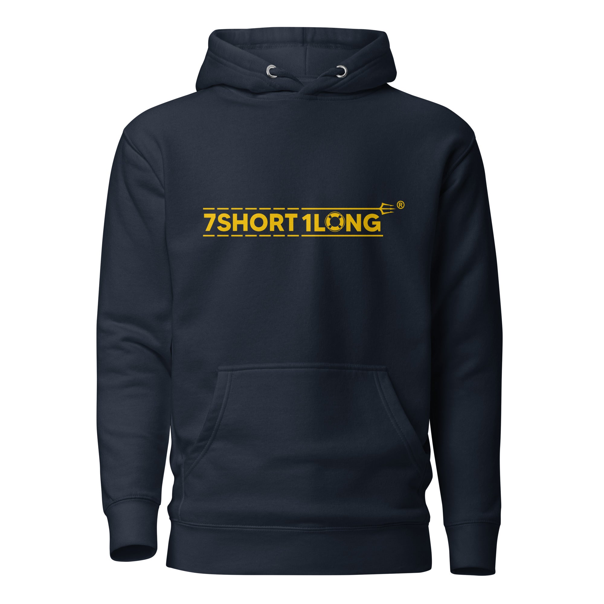 7SHORT1LONG® Myanmar Sailor Hoodie in navy blazer, unisex cotton pullover with front design, premium hoodie fashion piece.