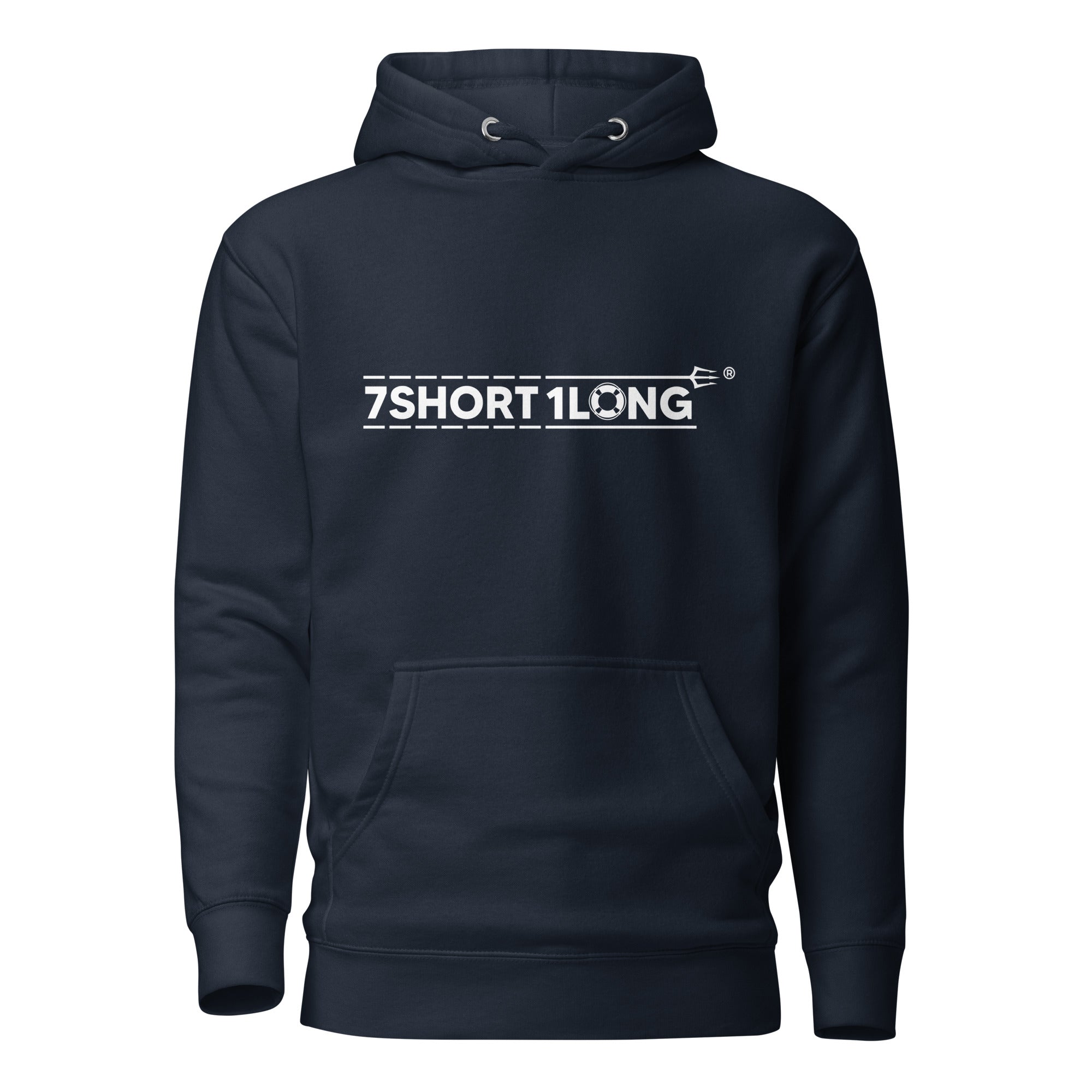 Unisex navy blazer hoodie from 7SHORT1LONG® with a front design, made of cotton heritage fabric for a comfortable fit.