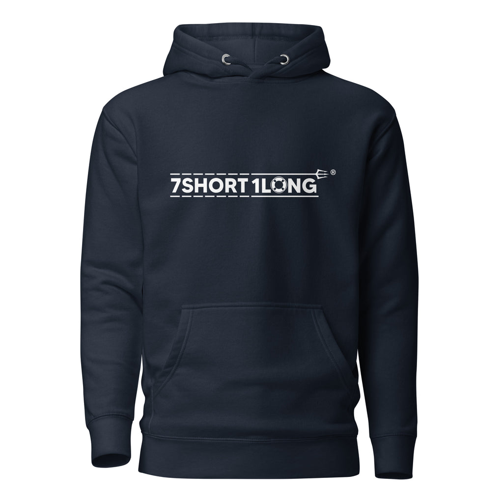 Unisex navy blazer Calligraphy Crew Love Hoodie by 7SHORT1LONG® with front graphic, made of premium cotton heritage fabric.