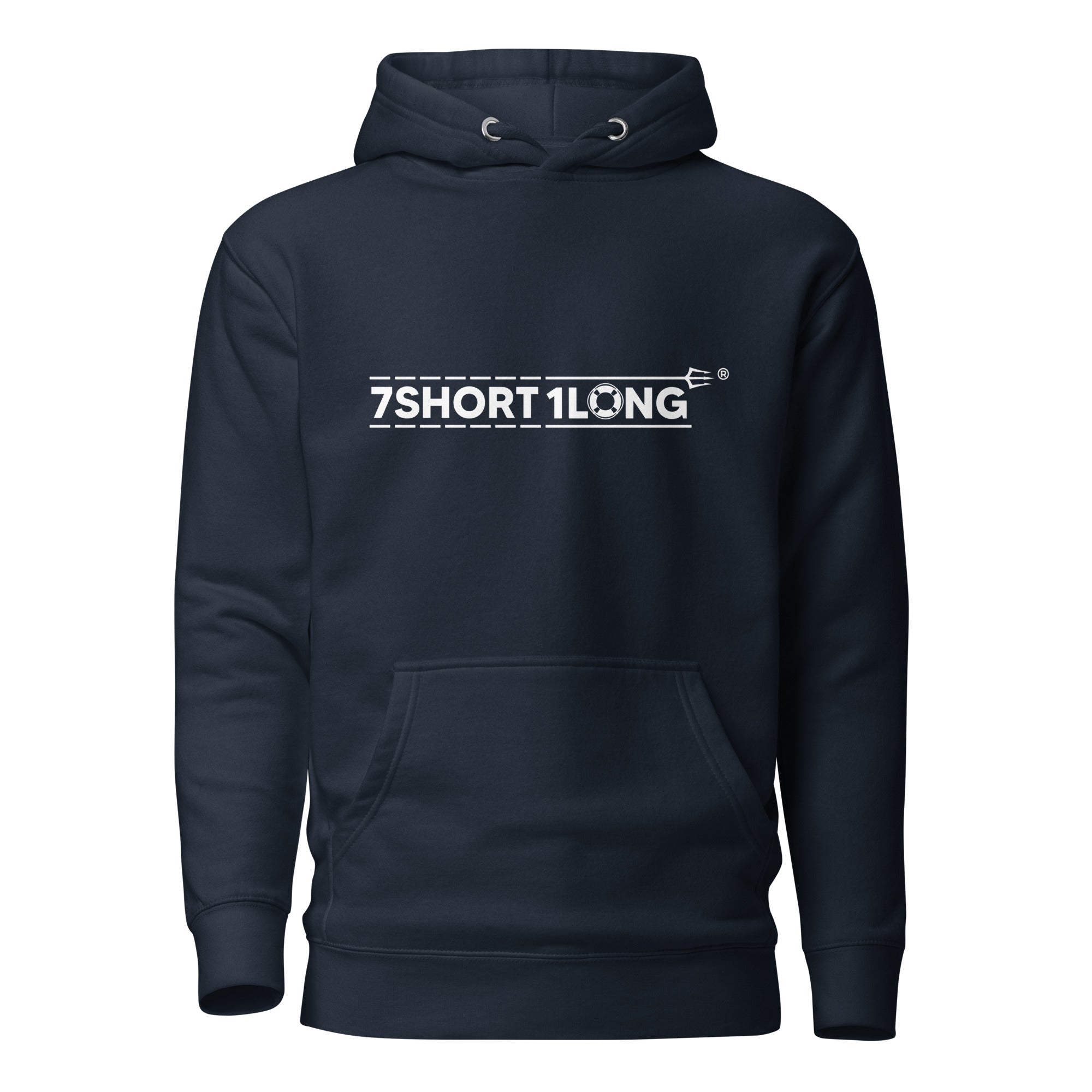Unisex navy blazer Calligraphy Crew Love Hoodie by 7SHORT1LONG® with front graphic, made of premium cotton heritage fabric.