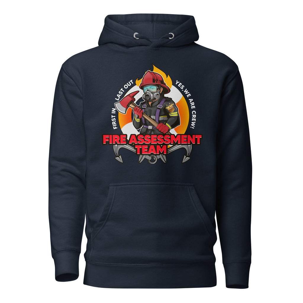Unisex navy blazer firefighting crew hoodie by 7SHORT1LONG® with front pocket and cotton heritage material.