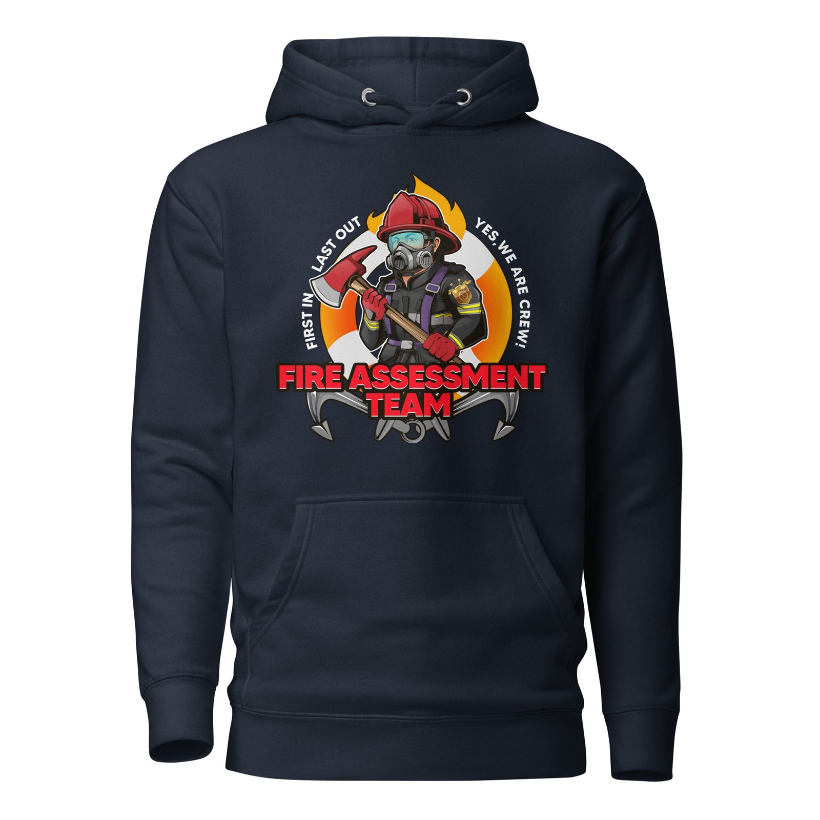 Unisex navy blazer firefighting crew hoodie by 7SHORT1LONG® with front pocket and cotton heritage material.