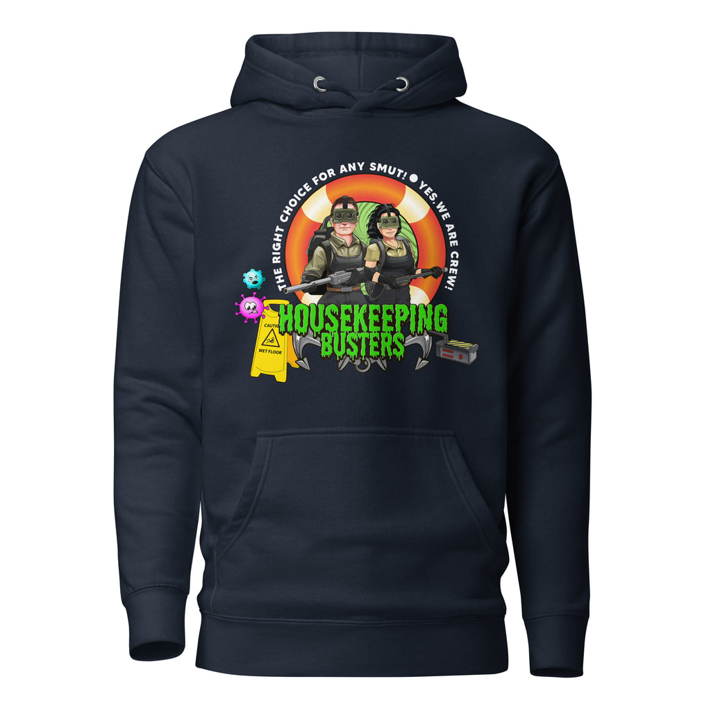 Unisex navy blazer hoodie from 7SHORT1LONG® Housekeeping Department Buster collection, featuring a front view of the premium cotton pullover.