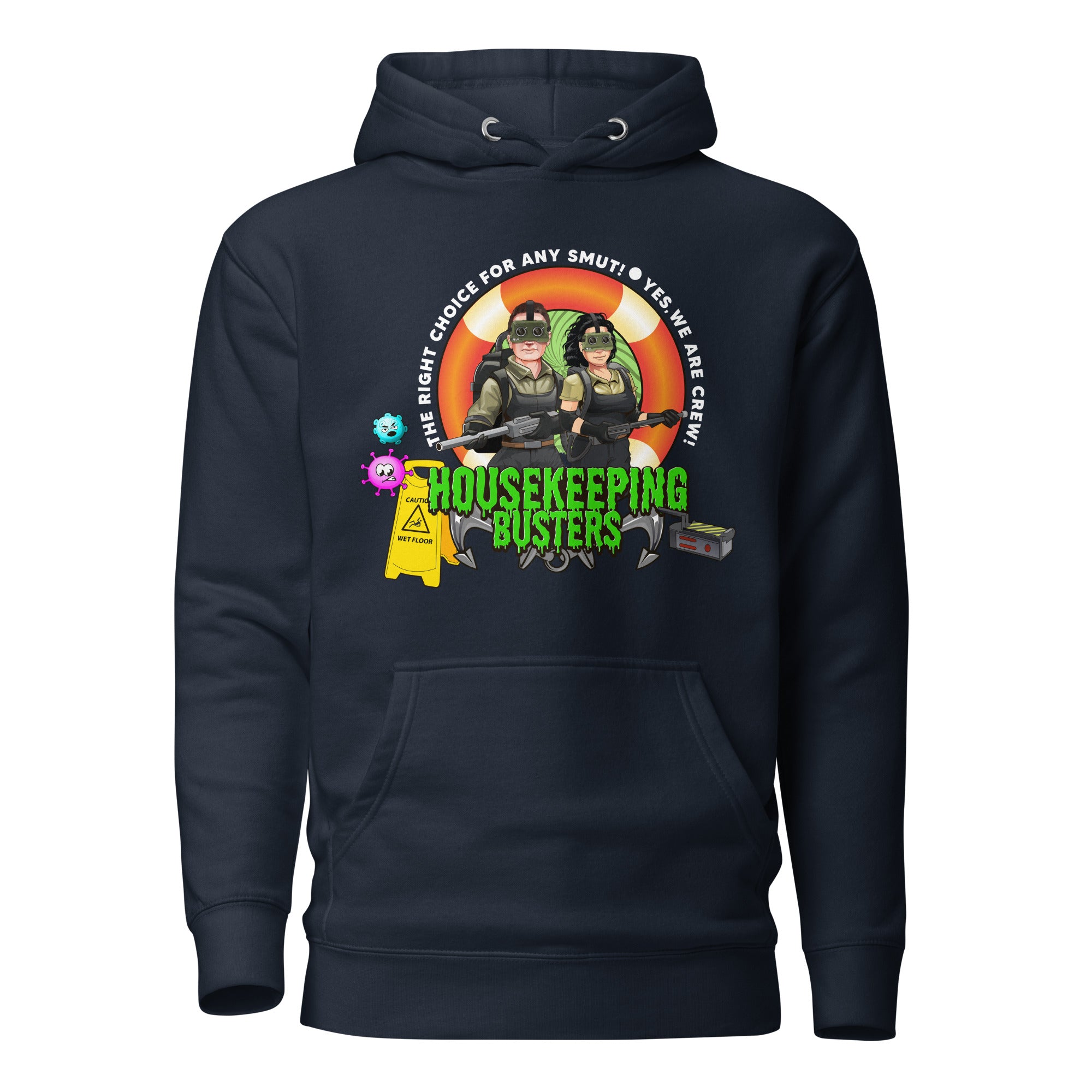 Unisex navy blazer hoodie from 7SHORT1LONG® Housekeeping Department Buster collection, featuring a front view of the premium cotton pullover.