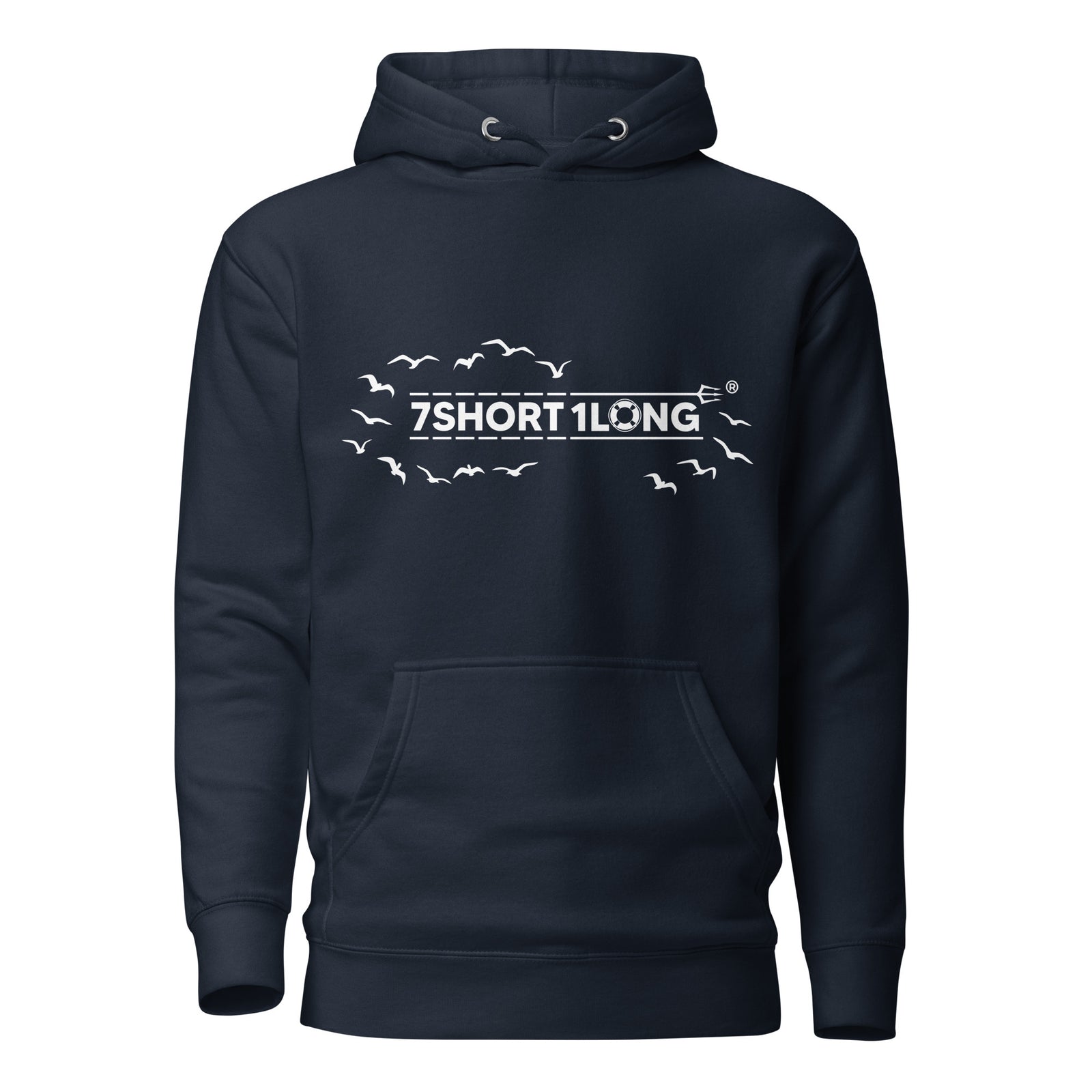 Unisex navy blue Open Ocean Maritime Hoodie by 7SHORT1LONG® made of cotton heritage fabric, front view with hood and logo.