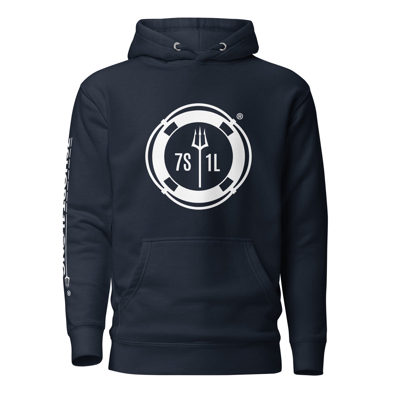 Unisex navy blazer crew hoodie by 7SHORT1LONG® with a front sign on and sign off design, made from premium cotton heritage fabric.