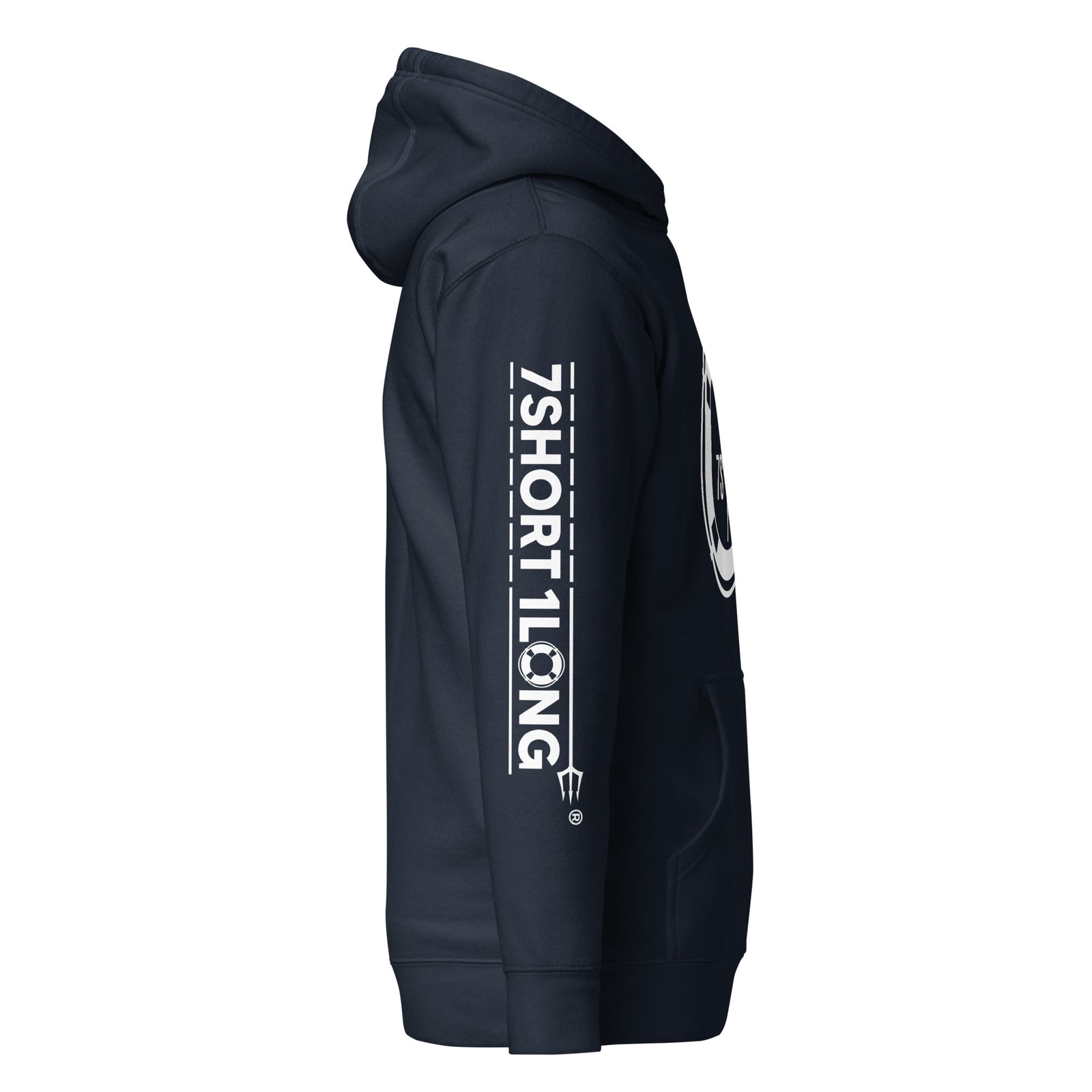 Unisex navy blazer cotton hoodie with "Sign On Sign Off Crew" design by 7SHORT1LONG® featuring a premium pullover style.