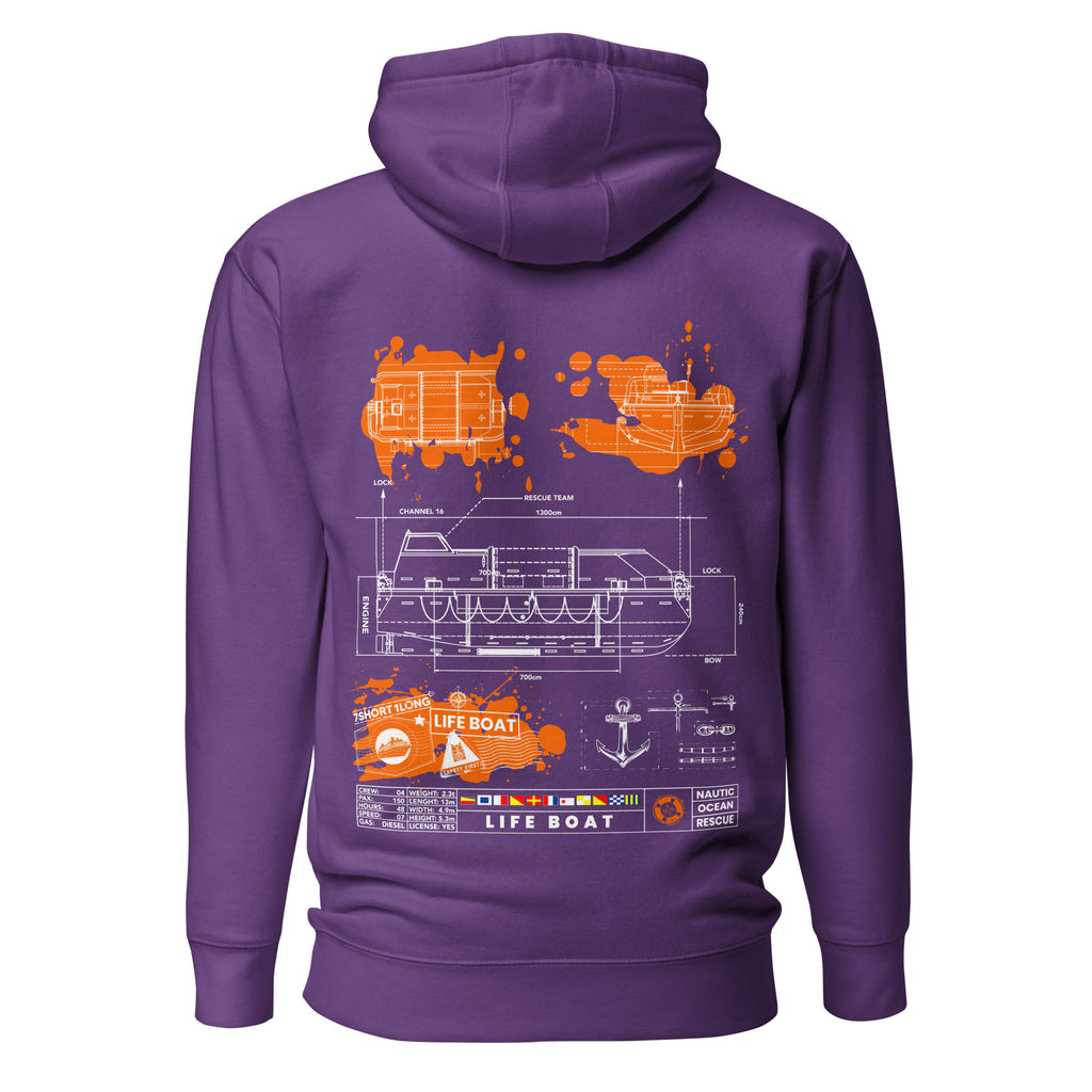 Crew hoodie inspired by lifeboat operations and SOLAS safety regulations, representing abandon ship procedures and maritime survival readiness.