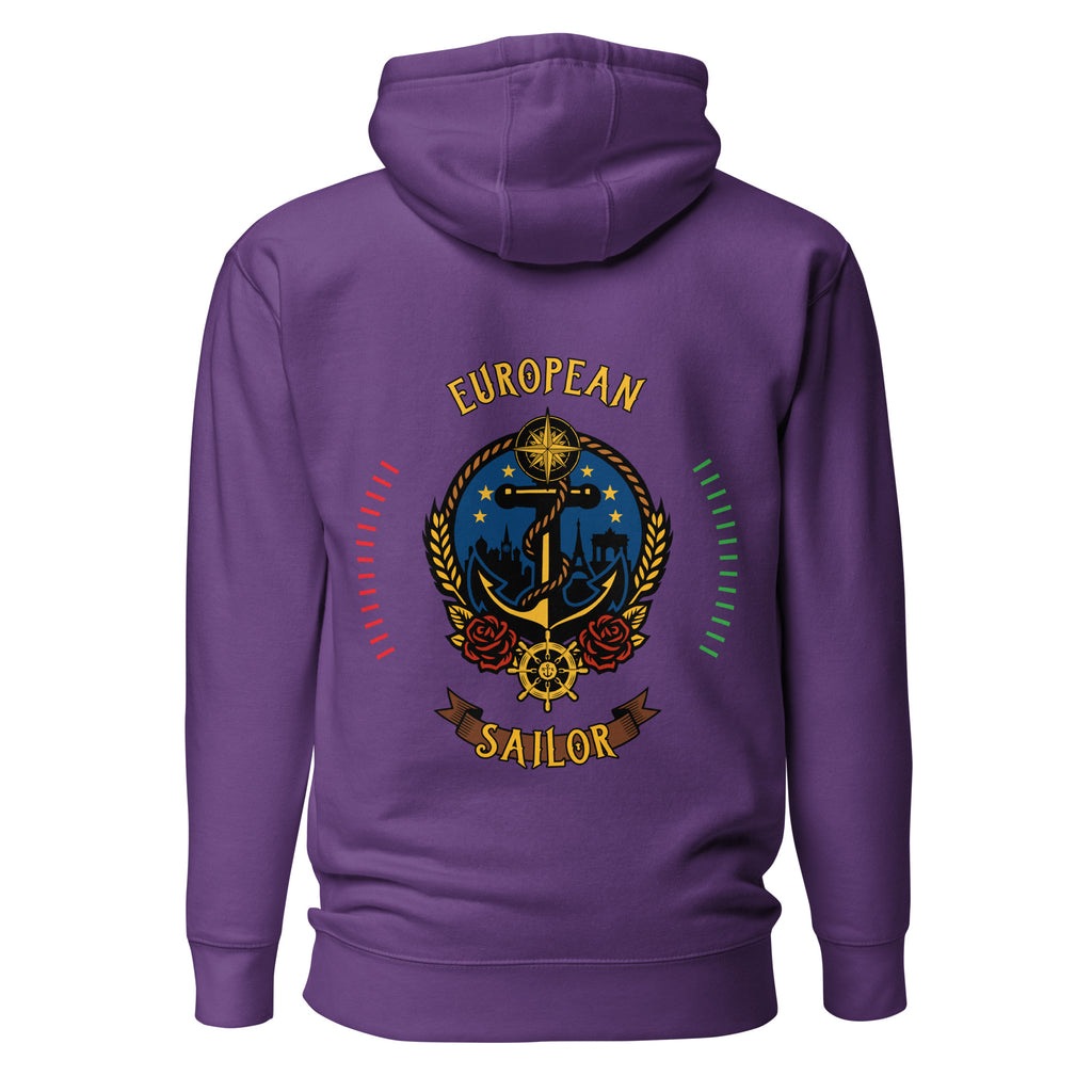 Unisex purple European Sailor Hoodie by 7SHORT1LONG® with a cotton heritage fabric and back design.