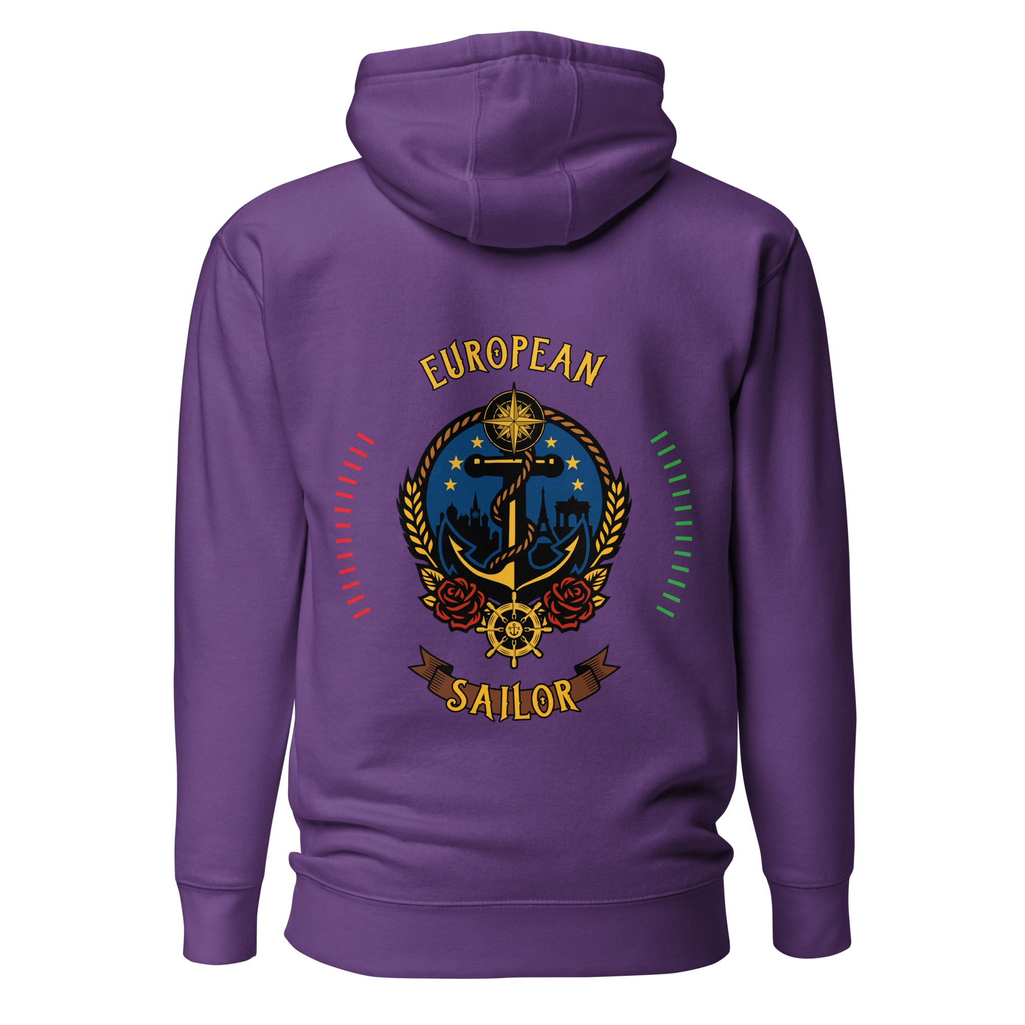 Unisex purple European Sailor Hoodie by 7SHORT1LONG® with a cotton heritage fabric and back design.