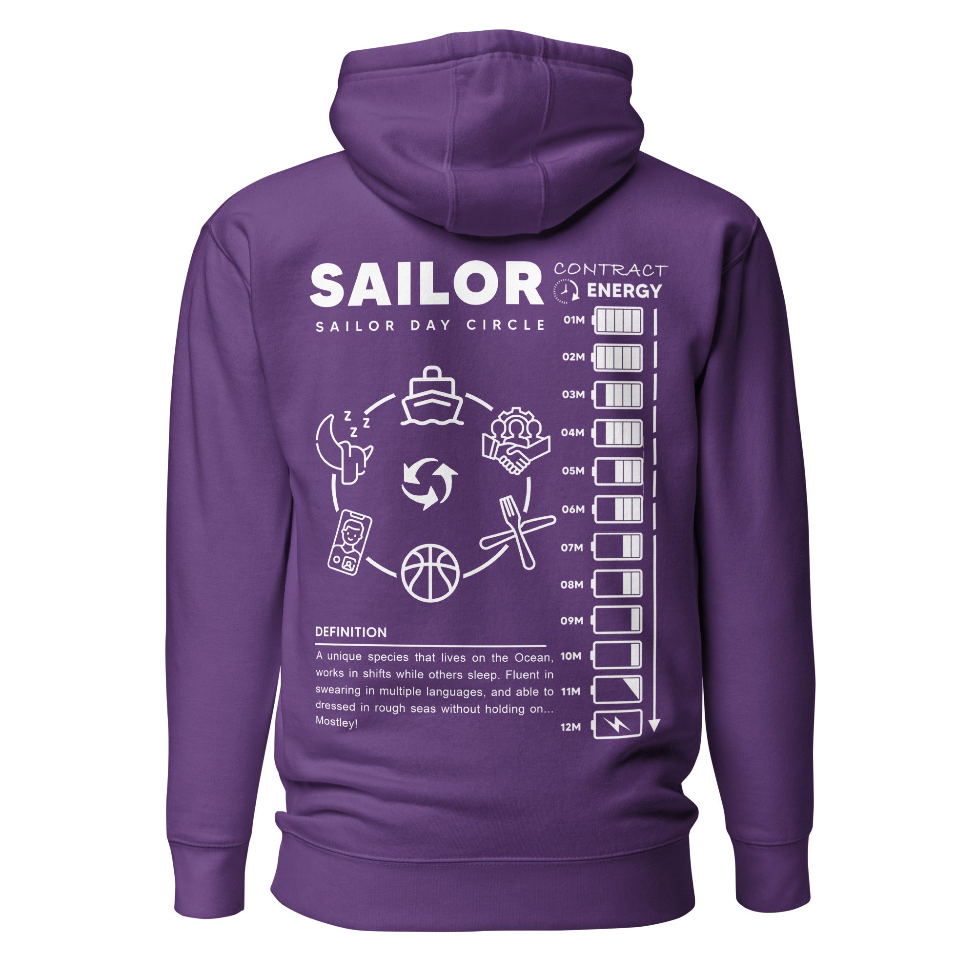Purple Seafarer Daily Life Hoodie by 7SHORT1LONG®, unisex cotton pullover with a back design.