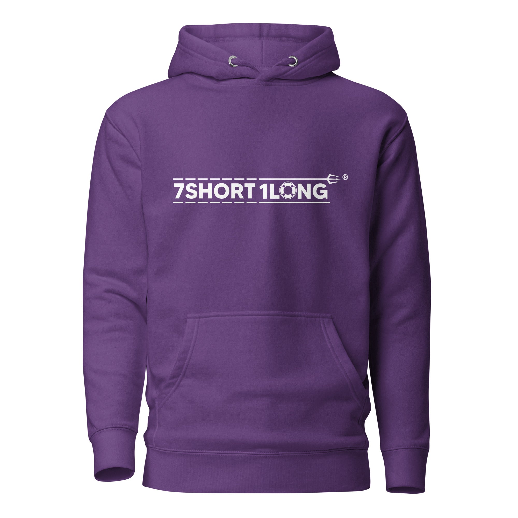 Unisex purple Seafarer Daily Life Hoodie by 7SHORT1LONG® with front design, made from soft cotton heritage material.