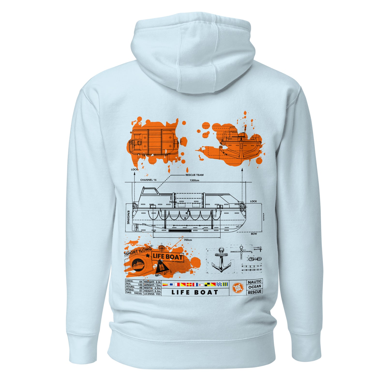 Sky blue Lifeboat Safety Hoodie by 7SHORT1LONG® featuring a cotton heritage unisex pullover design and safety-themed graphic on back.