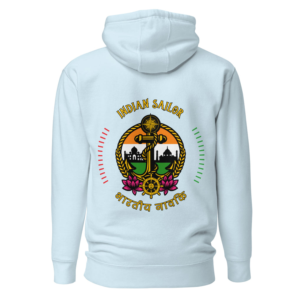 Unisex sky blue Indian Sailor Hoodie by 7SHORT1LONG® made of premium cotton, featuring a comfortable pullover design and sailor-inspired details.