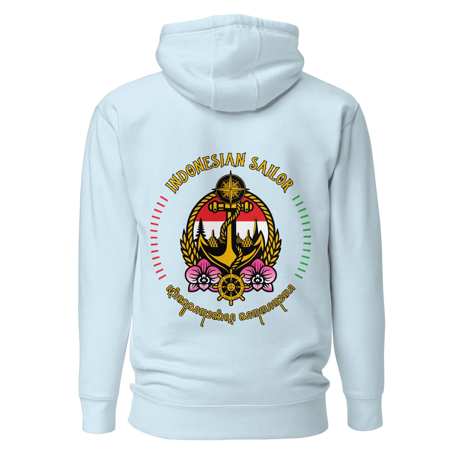 Unisex sky blue Indonesian Sailor Hoodie by 7SHORT1LONG® featuring a cotton heritage pull-over design and sailor-inspired style.