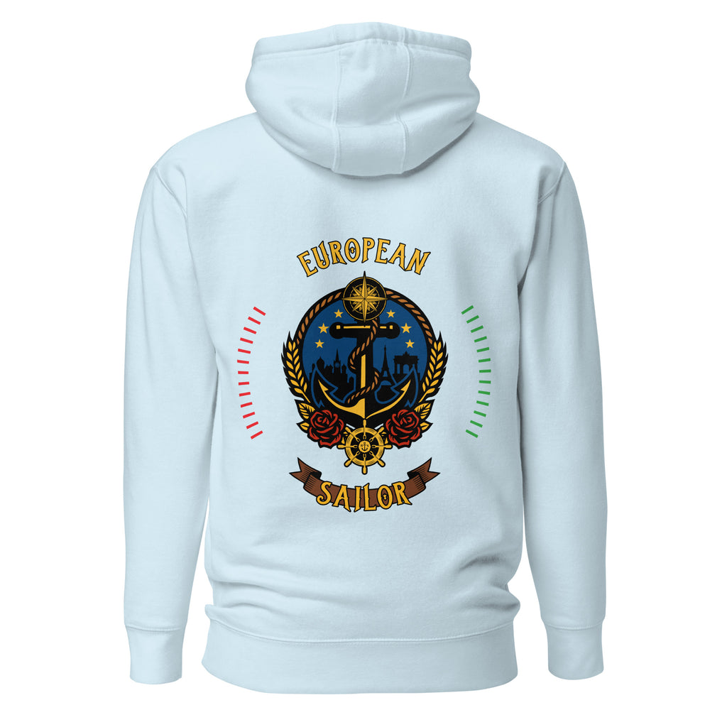 Unisex sky blue European Sailor Hoodie by 7SHORT1LONG® with cotton heritage fabric, featuring a casual pullover design.