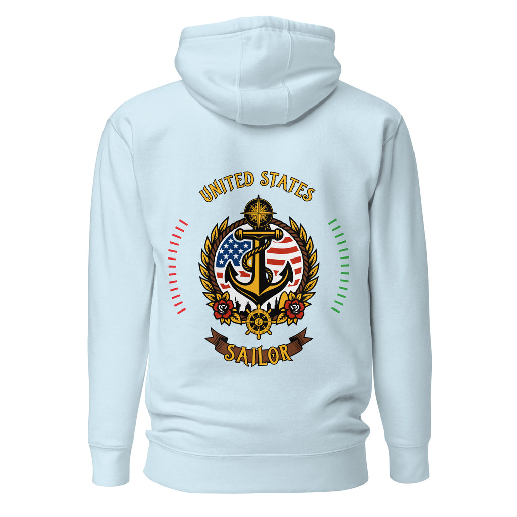 light blue seafarer hoodie with us sailor nautical anchor compass emblem, maritime sailor apparel and ocean seaman lifestyle clothing