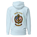 light blue seafarer hoodie with us sailor nautical anchor compass emblem, maritime sailor apparel and ocean seaman lifestyle clothing