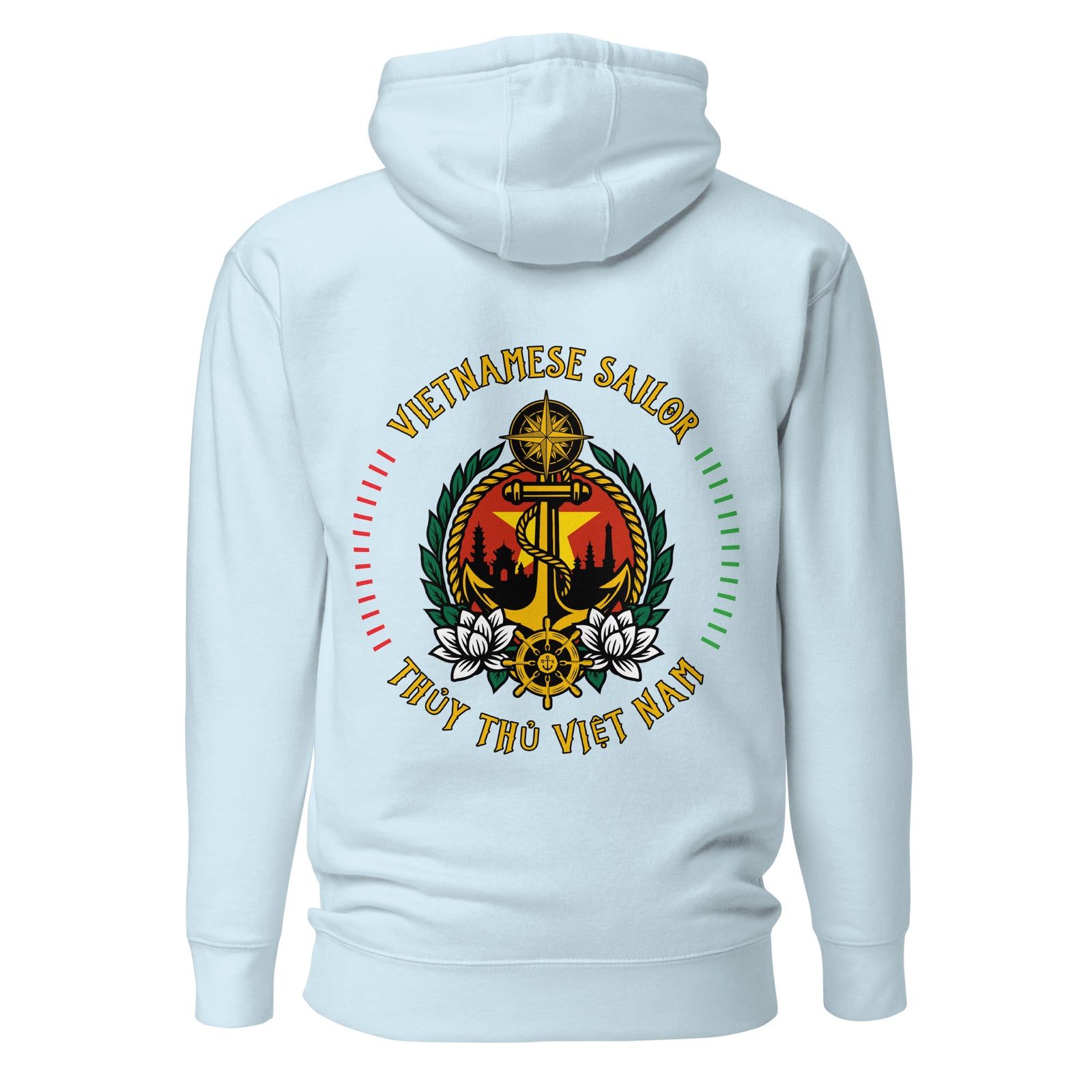 Unisex sky blue Vietnamese Sailor Hoodie by 7SHORT1LONG® with cotton heritage fabric and front pocket.