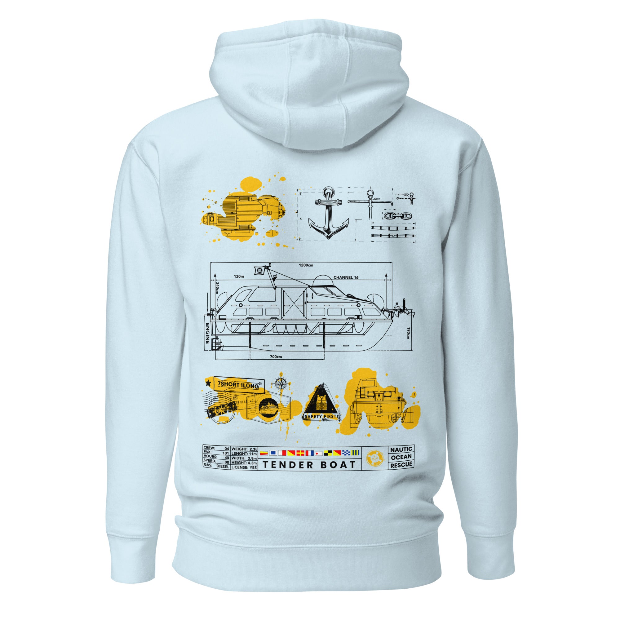 Unisex Sky Blue Cruise Ship Tender Hoodie by 7SHORT1LONG® featuring a comfortable cotton-heritage fabric and casual pullover style.