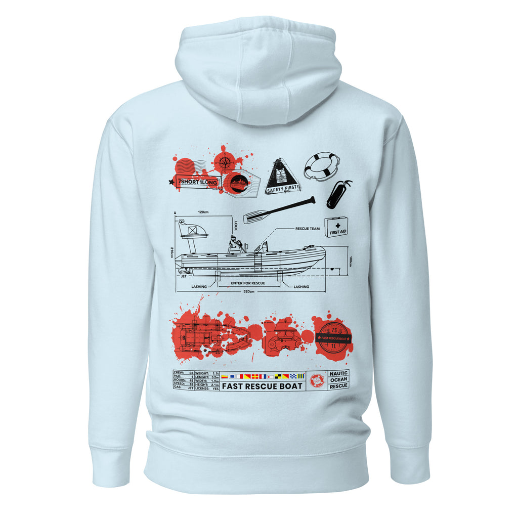Unisex sky blue cotton hoodie from 7SHORT1LONG® with "Fast Rescue Boat" graphic on the back, premium pullover design.