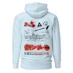 Unisex sky blue cotton hoodie from 7SHORT1LONG® with "Fast Rescue Boat" graphic on the back, premium pullover design.