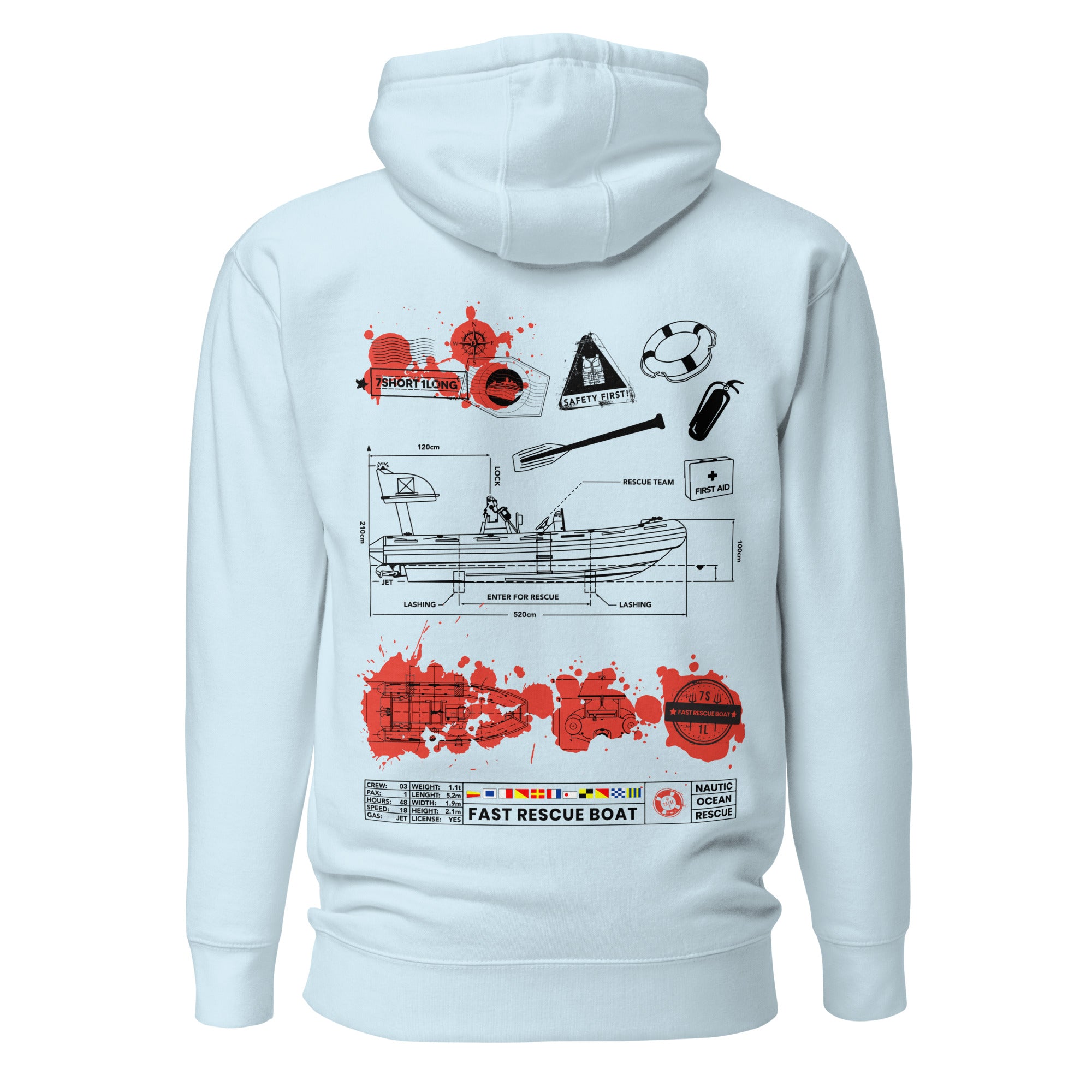 Unisex sky blue cotton hoodie from 7SHORT1LONG® with "Fast Rescue Boat" graphic on the back, premium pullover design.