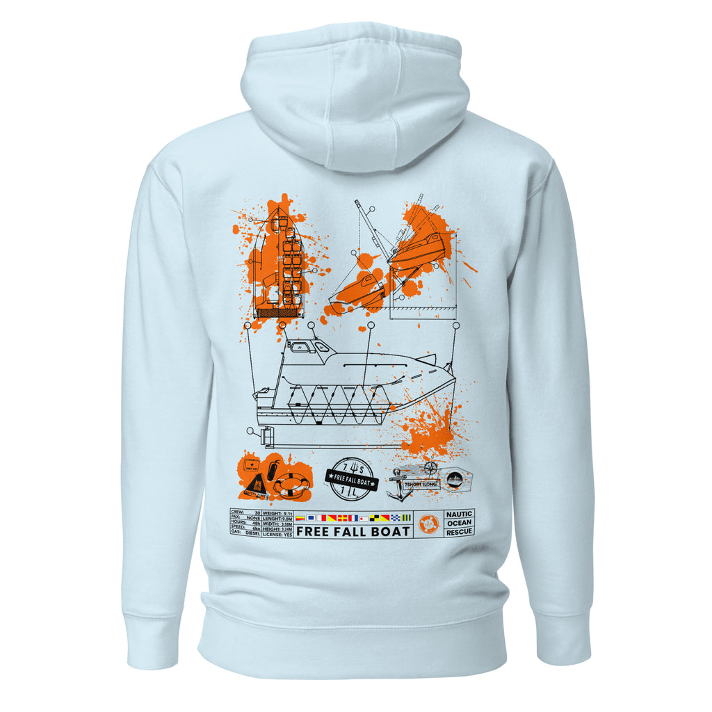 Sky blue unisex cotton hoodie from Free Fall Lifeboat by 7SHORT1LONG®, featuring a relaxed fit and premium pullover design.