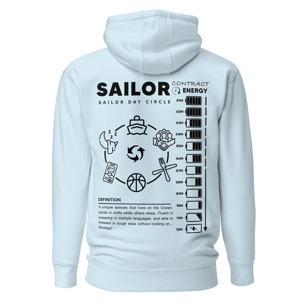 Unisex sky blue Seafarer Daily Life Hoodie by 7SHORT1LONG® made of cotton heritage fabric, featuring a relaxed fit and back design.