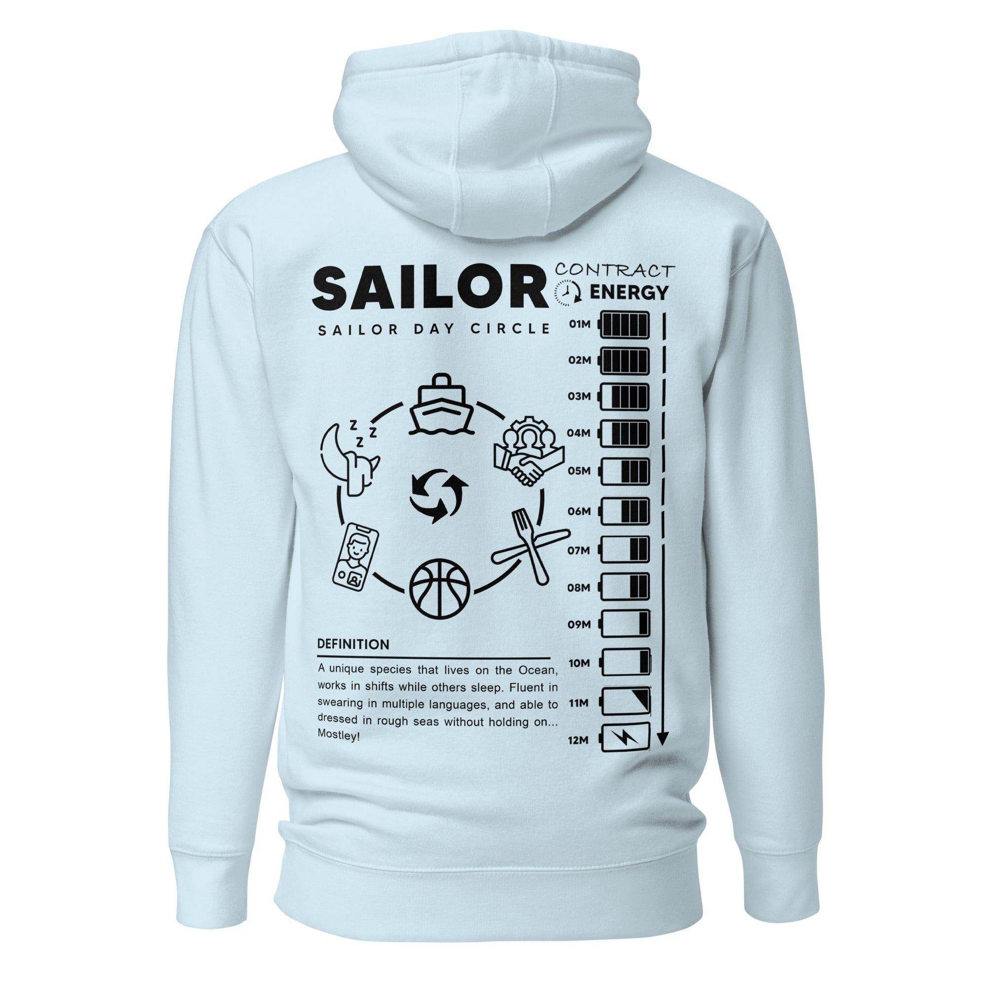 Unisex sky blue Seafarer Daily Life Hoodie by 7SHORT1LONG® made of cotton heritage fabric, featuring a relaxed fit and back design.