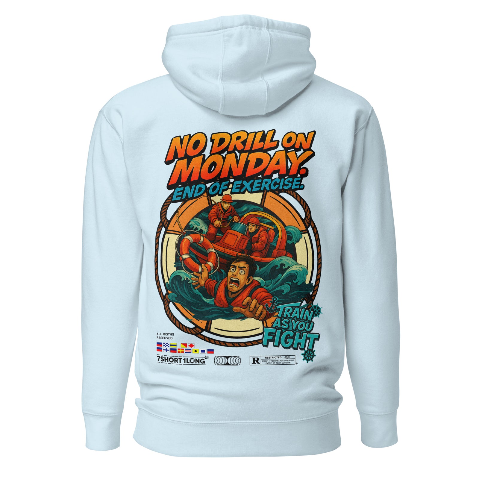 Unisex sky blue cotton heritage hoodie by 7SHORT1LONG® with a relaxed fit and front pocket, displayed from the back.