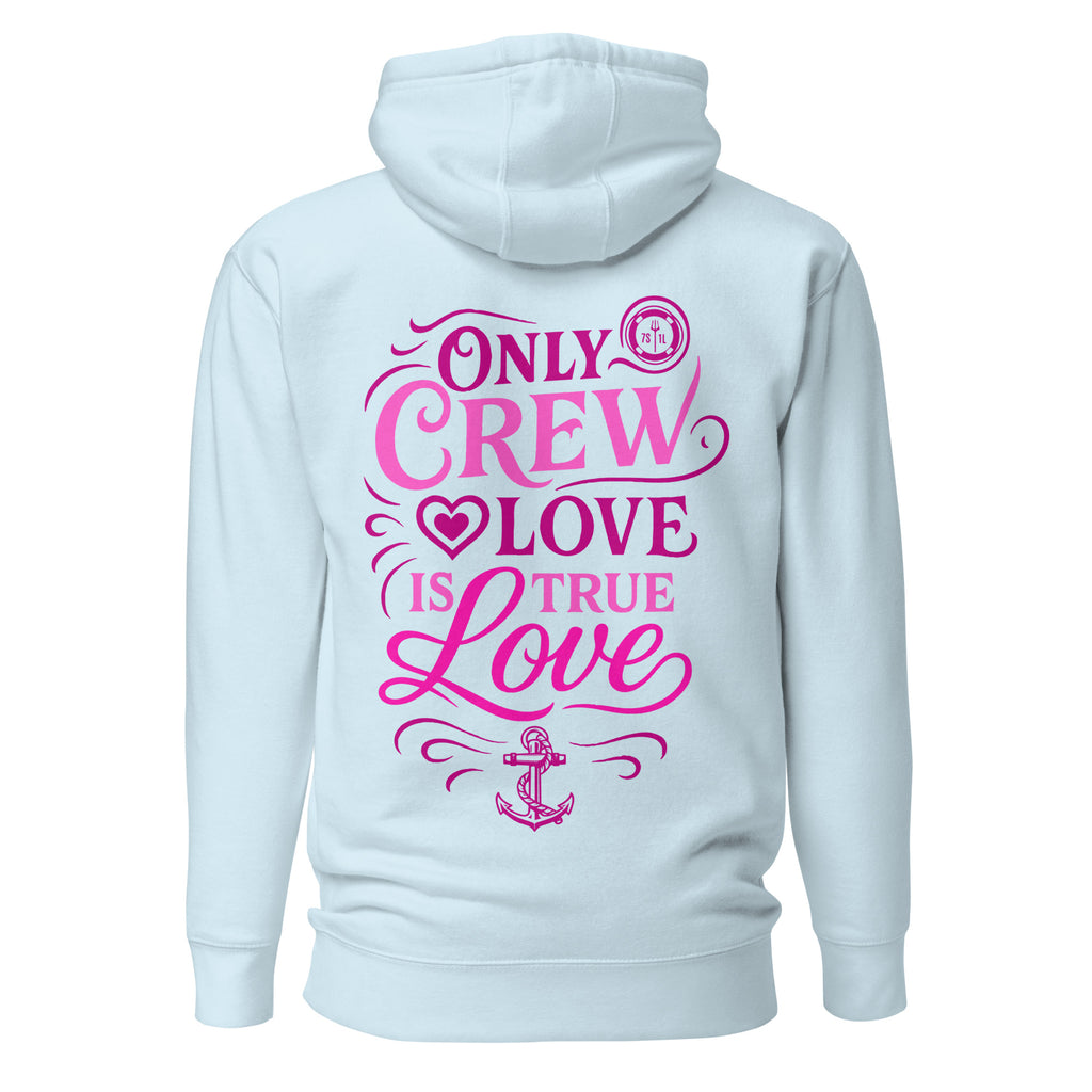 Unisex sky blue Calligraphy Crew Love hoodie by 7SHORT1LONG® featuring a cotton heritage fabric and a back design.