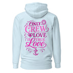 Unisex sky blue Calligraphy Crew Love hoodie by 7SHORT1LONG® featuring a cotton heritage fabric and a back design.