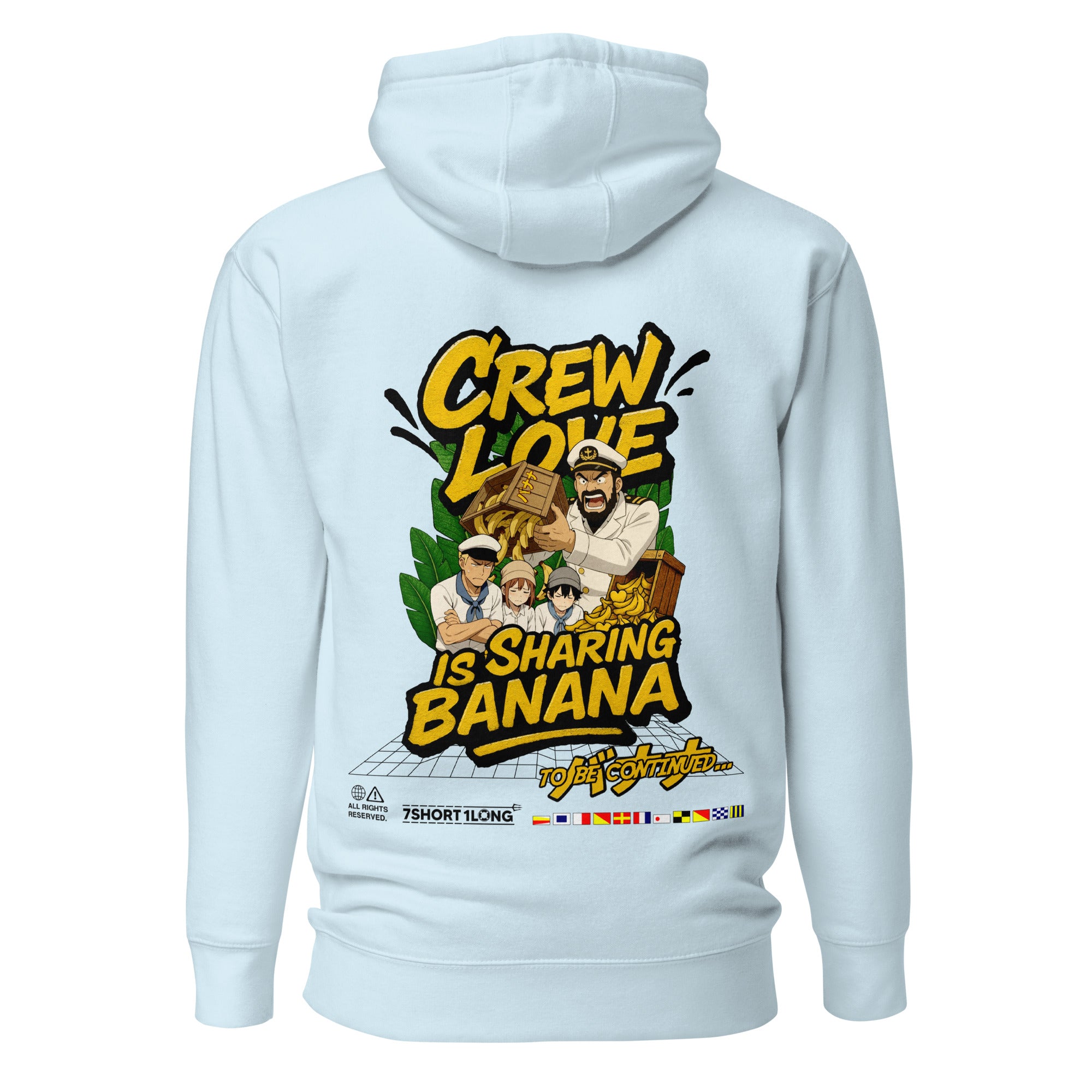 Unisex sky-blue Crew Humor Hoodie by 7SHORT1LONG® with a playful banana graphic on the back, made of premium cotton heritage fabric.