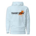 Blue hoodie featuring the 7Short1Long logo with a bold orange color spot accent, inspired by maritime signal colors, crew work, and seafarer identity.
