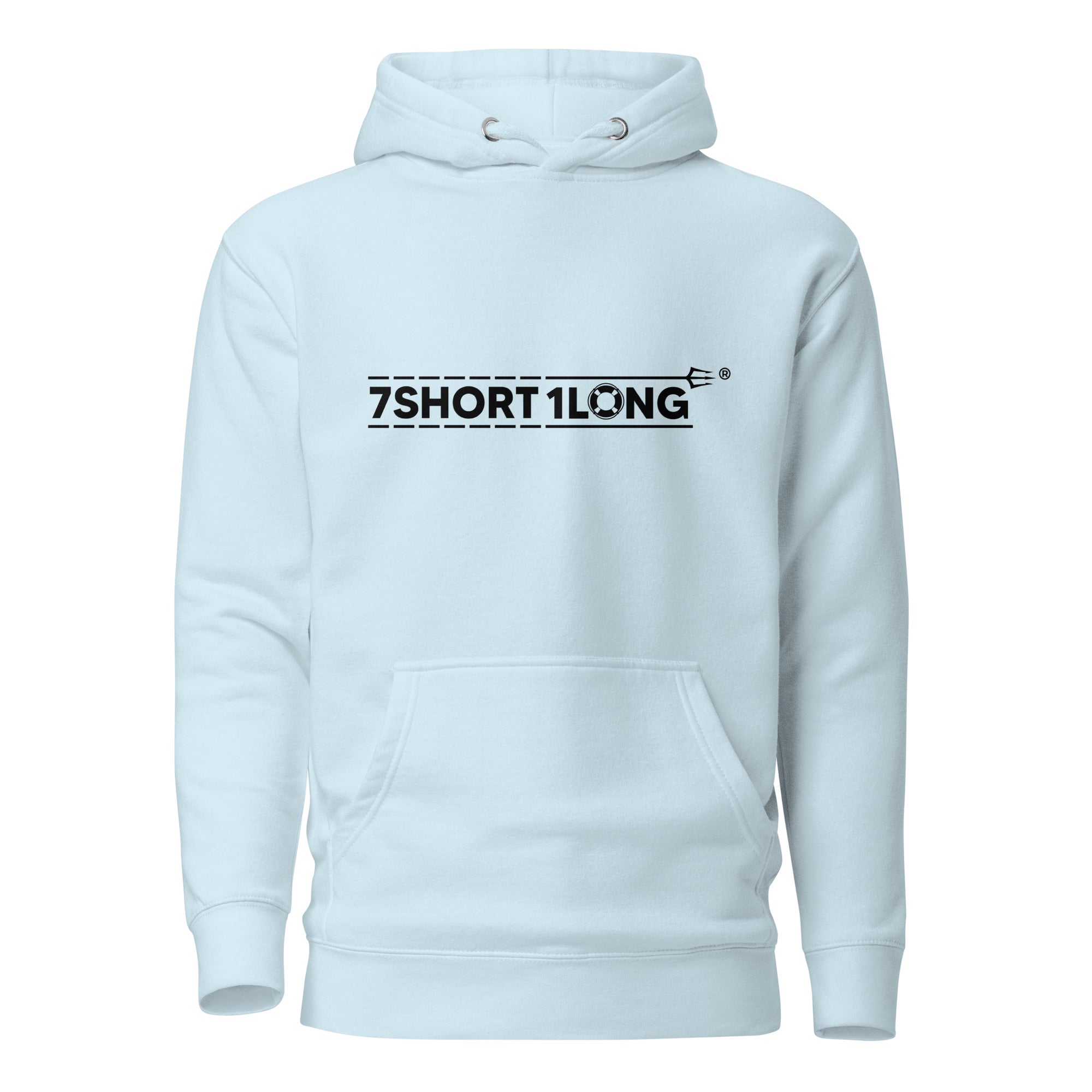 Unisex sky blue cotton hoodie from 7SHORT1LONG® with "Fast Rescue Boat" logo on front, premium pullover style.
