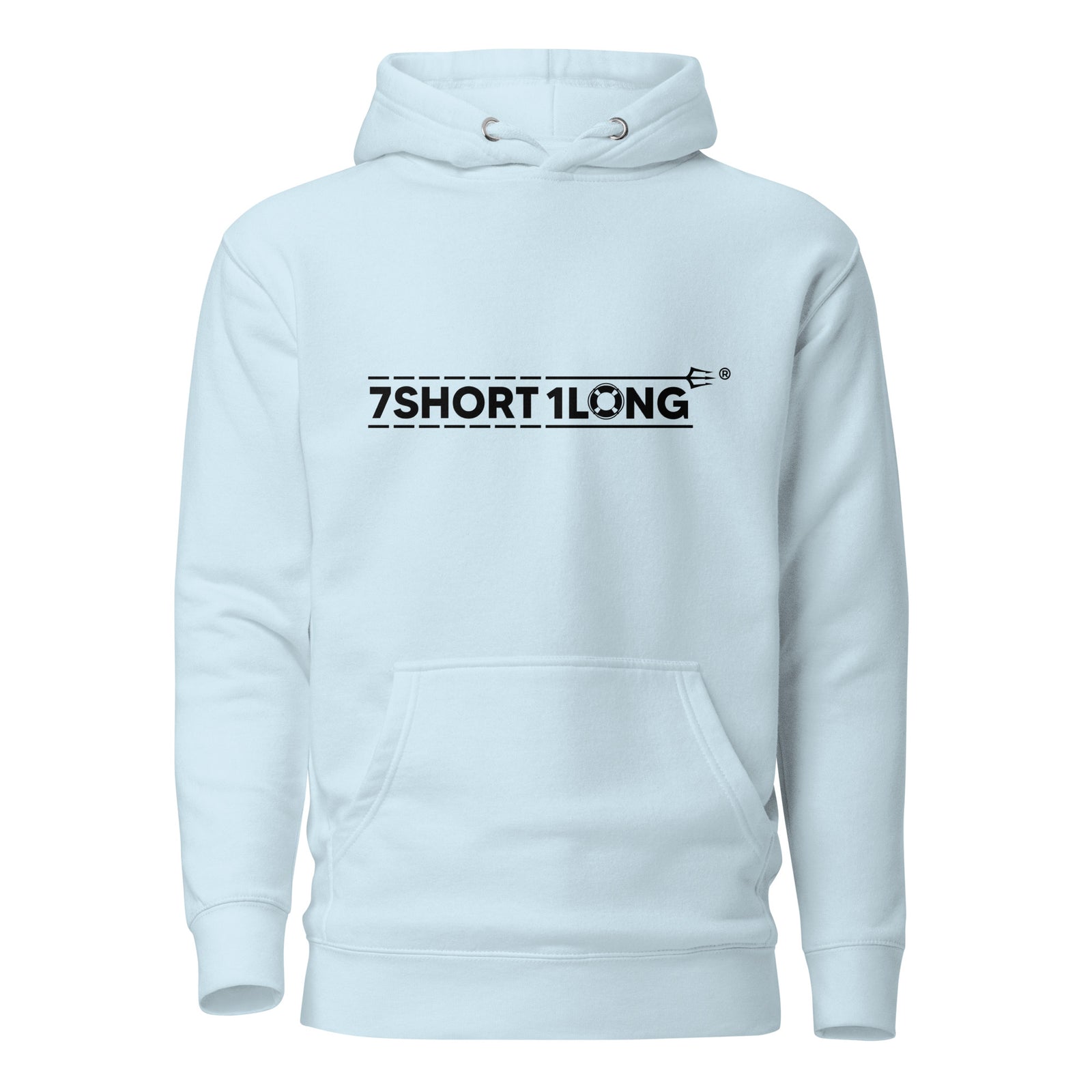 Sky blue unisex cotton hoodie from 7SHORT1LONG® featuring a bold middle finger graphic on the front.