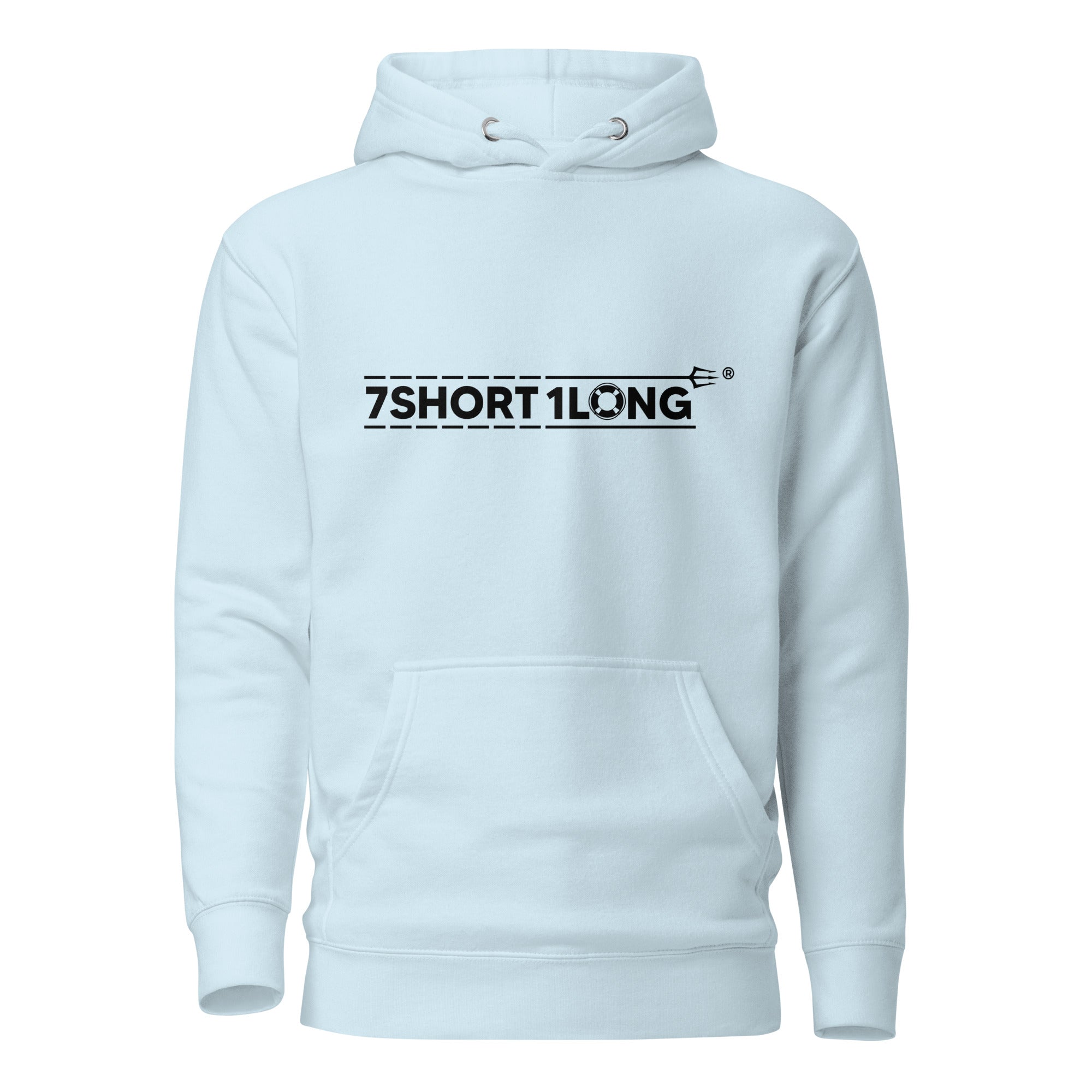 Unisex sky blue cotton hoodie with "Love" calligraphy crew design by 7SHORT1LONG® on the front.