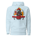 Unisex sky-blue firefighting crew hoodie by 7SHORT1LONG® with front design, made of soft cotton heritage fabric.