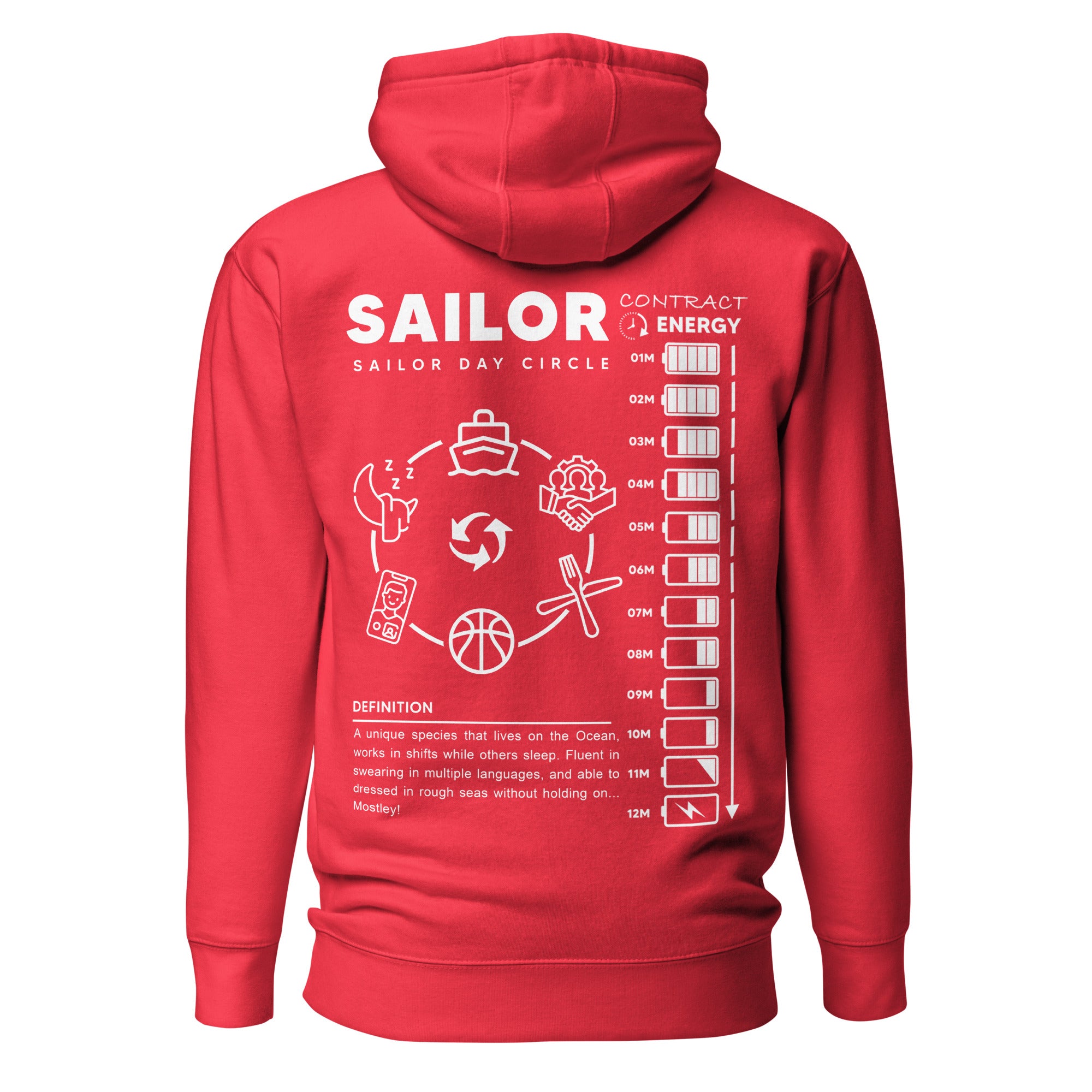 Unisex Seafarer Daily Life Hoodie by 7SHORT1LONG® in team red, showcasing a comfortable cotton heritage pullover with back design.