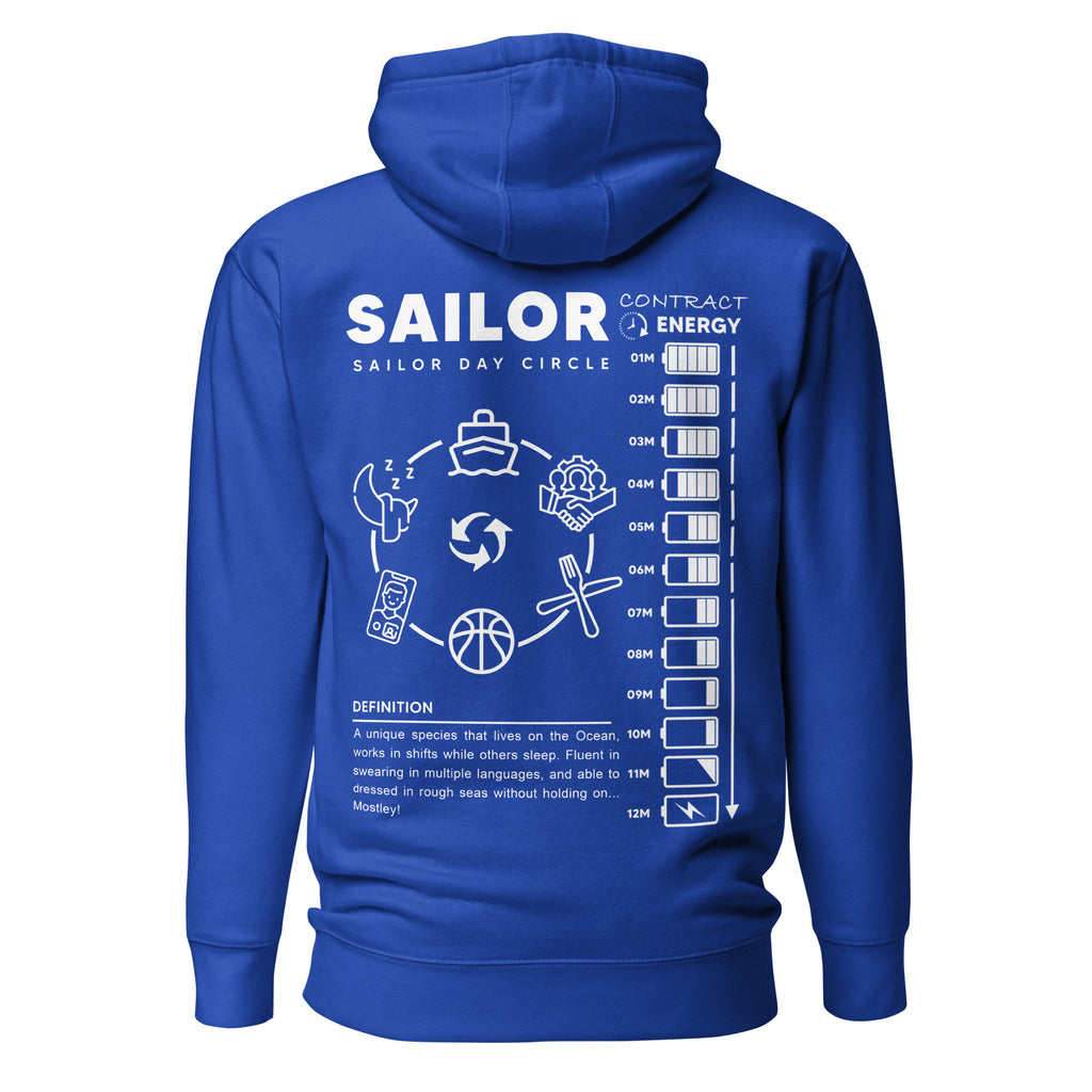 Unisex Seafarer Daily Life Hoodie by 7SHORT1LONG® in team royal cotton heritage fabric, back view showing comfortable fit.