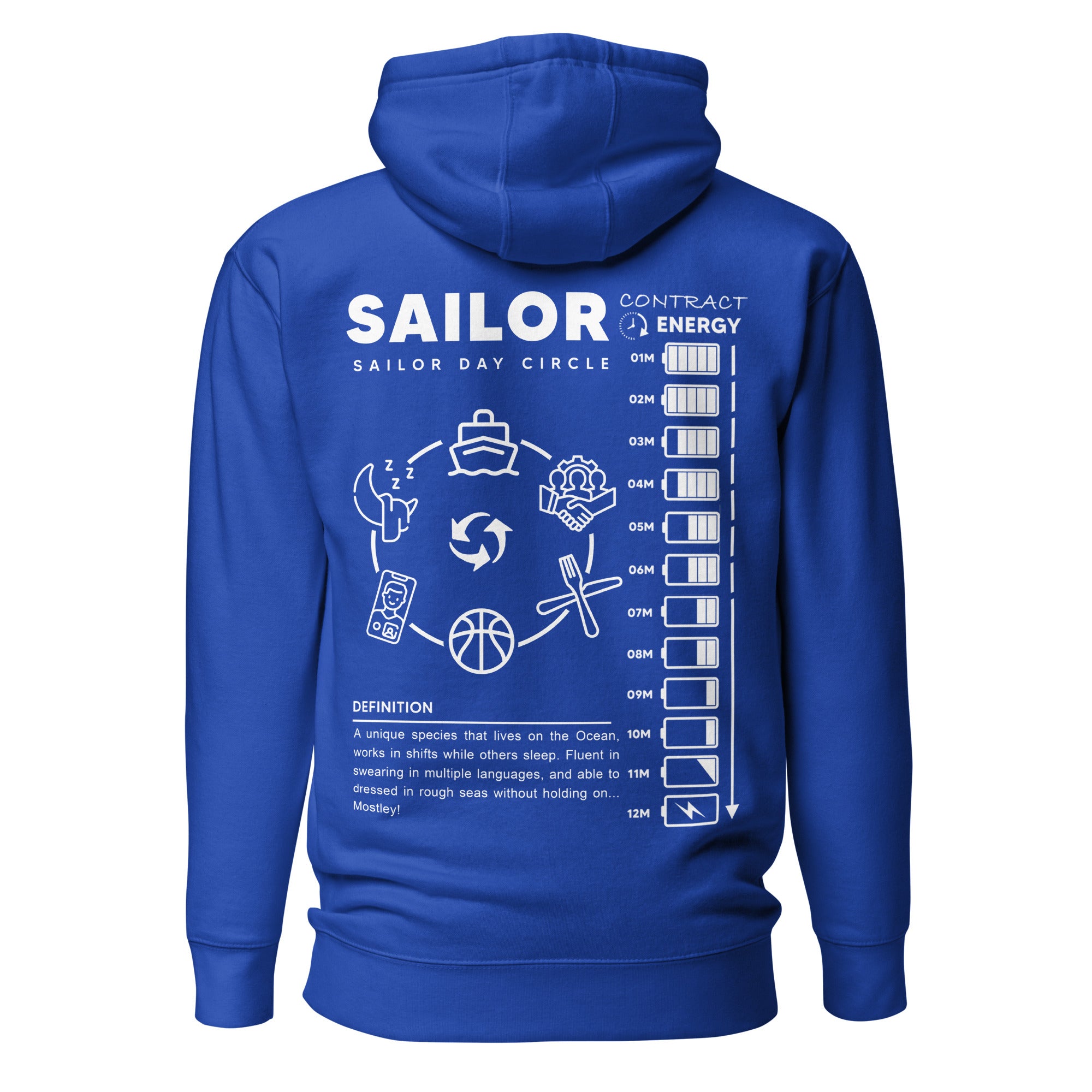 Unisex Seafarer Daily Life Hoodie by 7SHORT1LONG® in team royal cotton heritage fabric, back view showing comfortable fit.