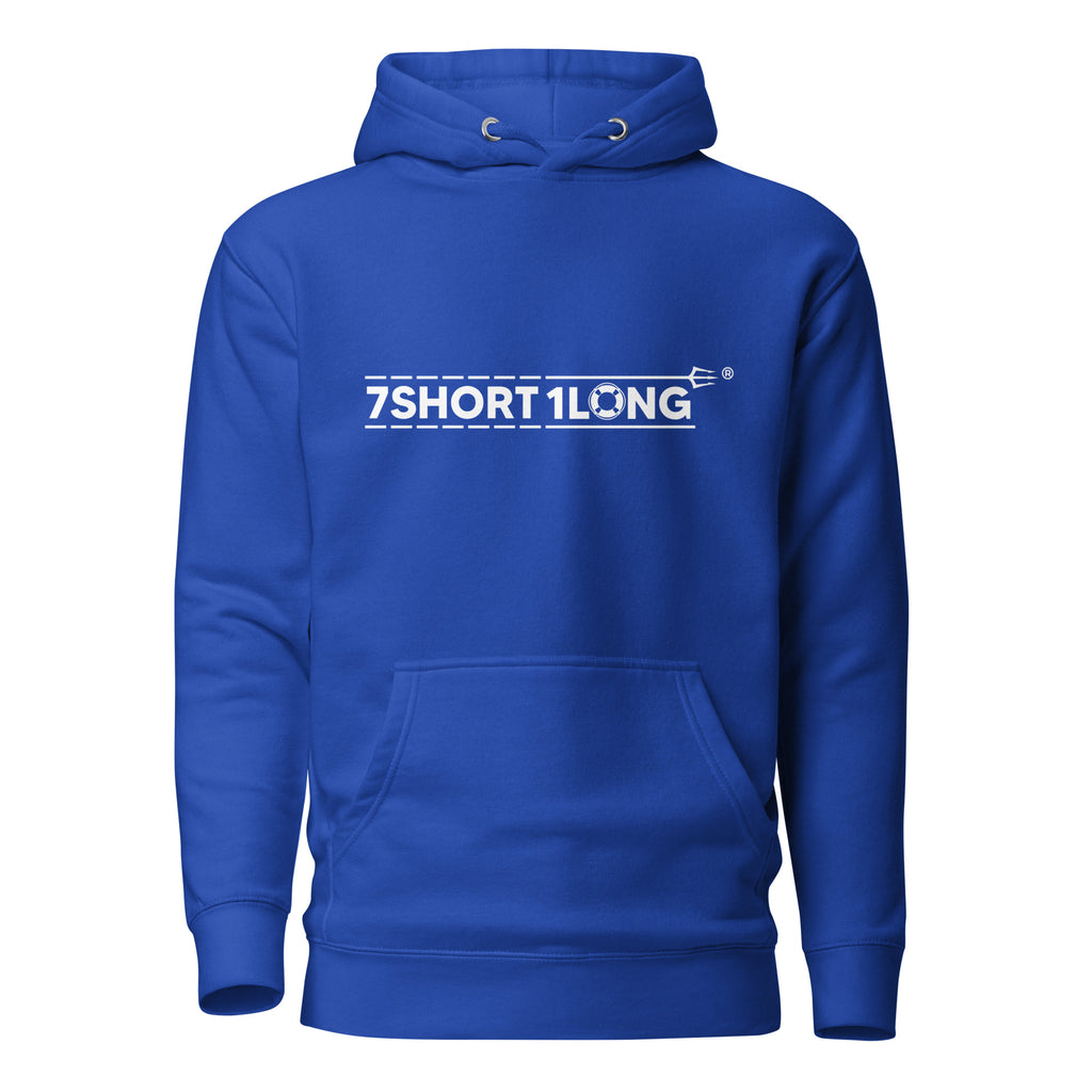 Unisex Seafarer Daily Life Hoodie by 7SHORT1LONG® in Royal blue, front view showing cotton-heritage fabric and pullover style.
