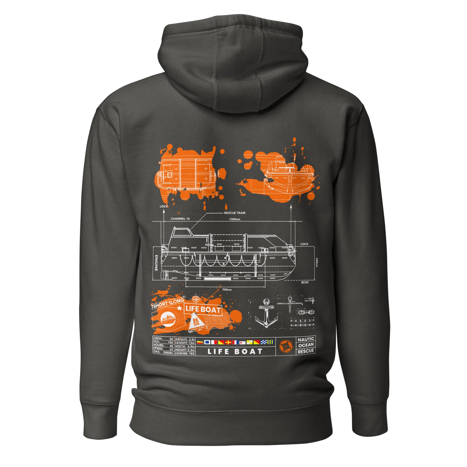 Unisex black Lifeboat Safety Hoodie by 7SHORT1LONG® featuring a vintage-style cotton pullover with safety-themed design on the back.