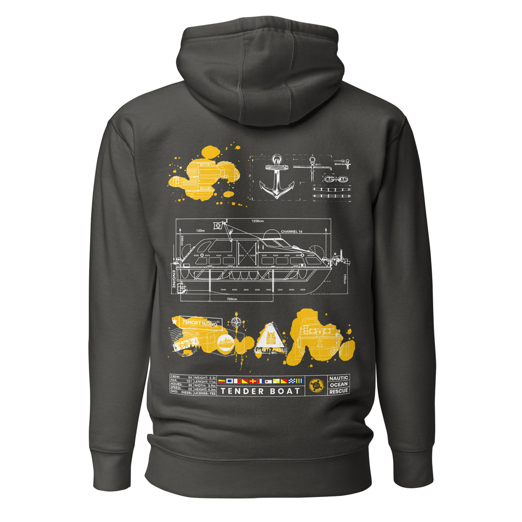 Unisex black hoodie from 7SHORT1LONG® with vintage cruise ship tender graphic on back, made from premium cotton heritage fabric.