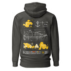 Unisex black hoodie from 7SHORT1LONG® with vintage cruise ship tender graphic on back, made from premium cotton heritage fabric.