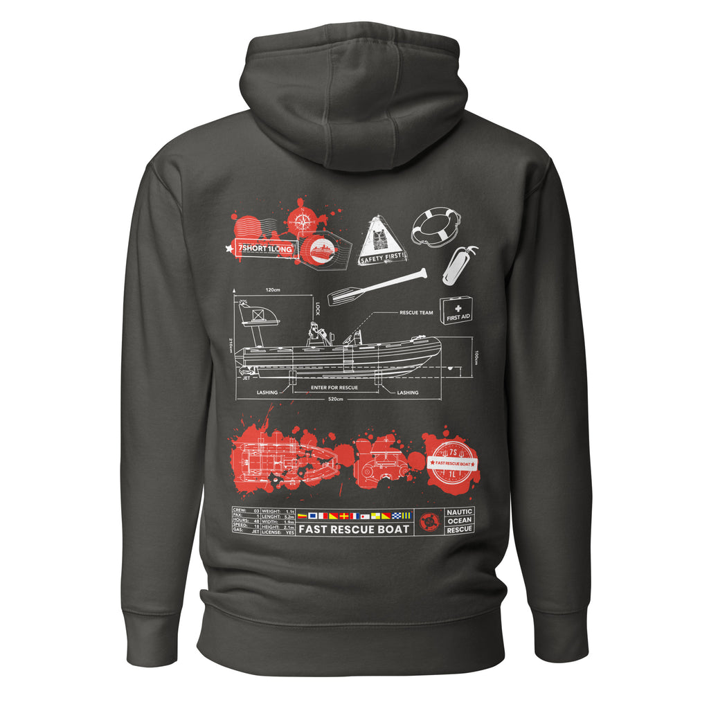Unisex black cotton-heritage Fast Rescue Boat Hoodie by 7SHORT1LONG® with vintage-style design and front pocket.