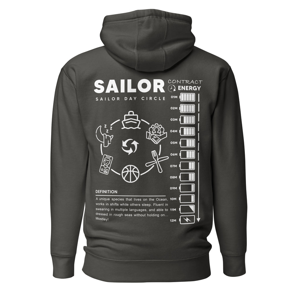 Unisex Seafarer Daily Life Hoodie by 7SHORT1LONG® in vintage black cotton hoodie with back design and premium pullover style.