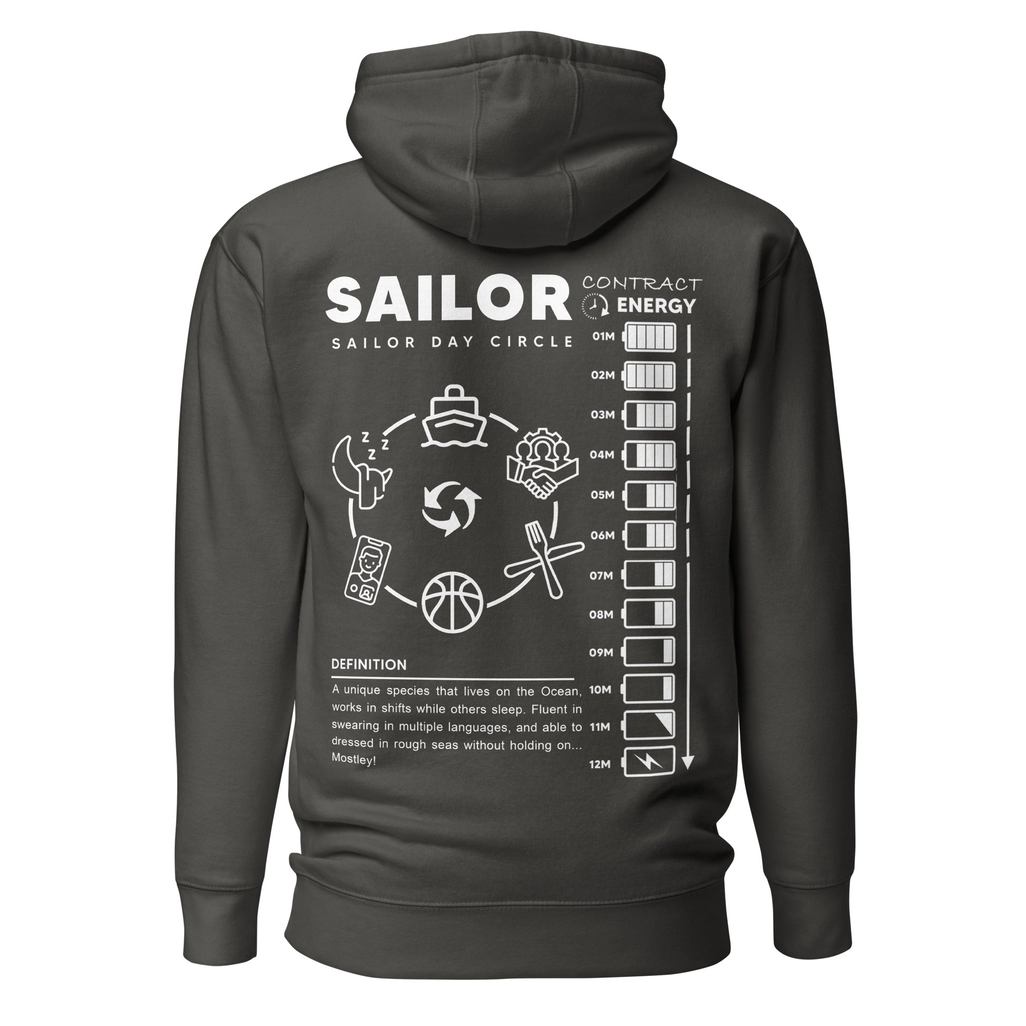 Unisex Seafarer Daily Life Hoodie by 7SHORT1LONG® in vintage black cotton hoodie with back design and premium pullover style.