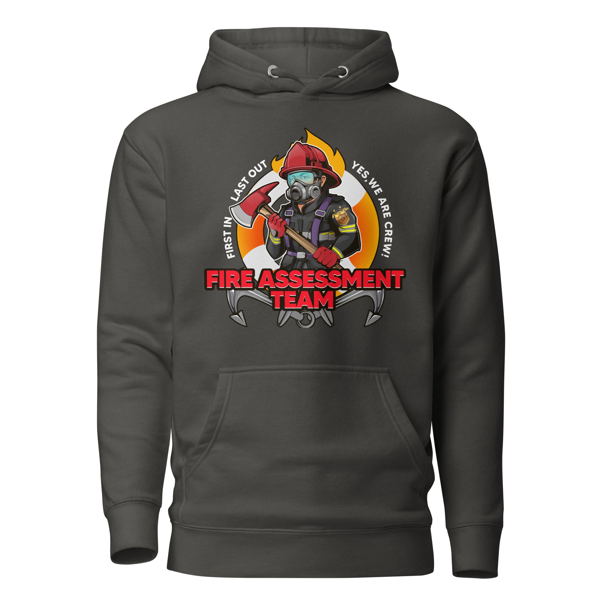 Unisex black firefighting crew hoodie by 7SHORT1LONG® made of cotton heritage fabric with front logo design.